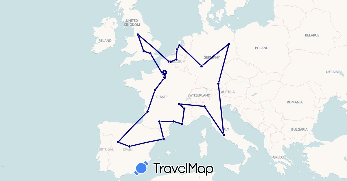 TravelMap itinerary: driving in Belgium, Germany, Spain, France, United Kingdom, Italy, Netherlands (Europe)